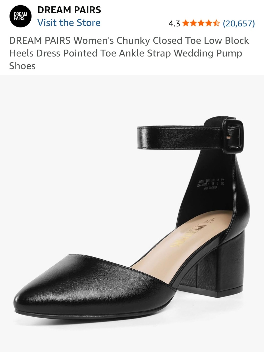 Dream Pairs Black Pointed Toe Low Block Heel Ankle Strap Pumps